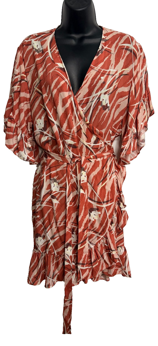 AllSaints Marlow Kazuno Dress Womens 10 Rust Floral Abstract Ruffle Wrap Classic